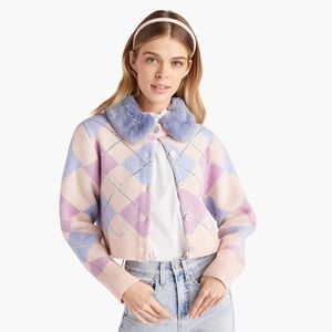 NWT Hill House Heddy Argyle Cardigan with FREE Faux Fur Collar